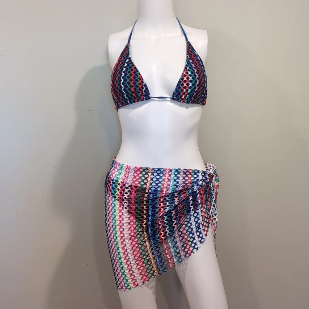 SHEIN Multicolor Strappy Halter Bikini With Matching Coverup Size Medium